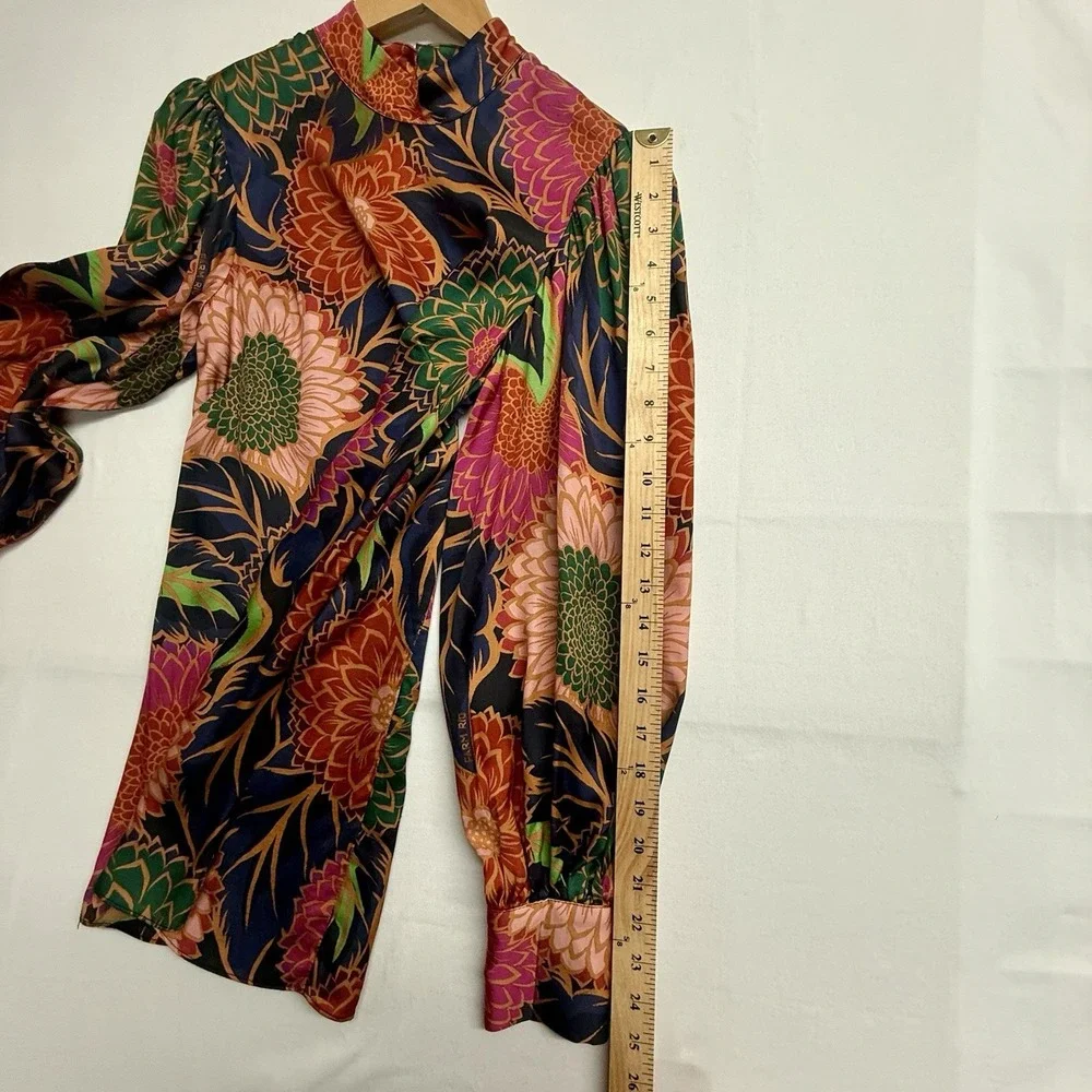 Farm Rio Floral Blouse XS Brazilian Designer Mock Neck Puff Sleeve Boho Statemen